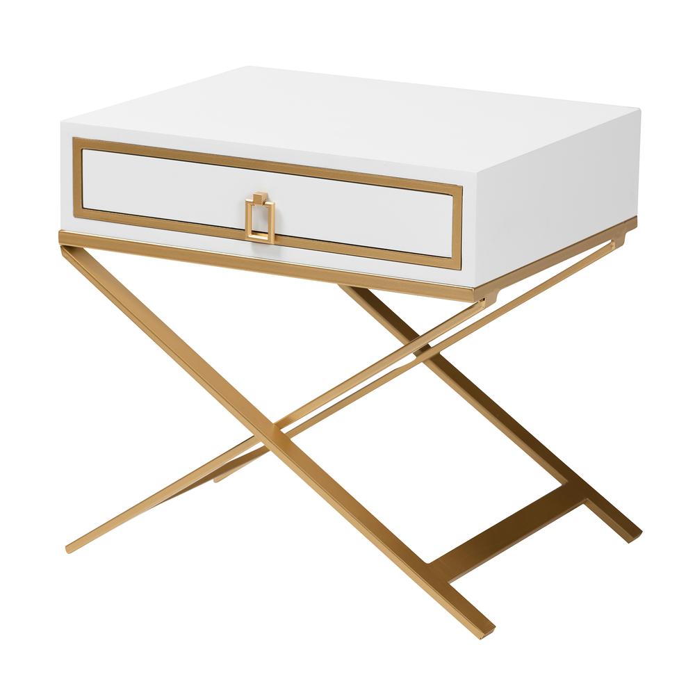 Glam and Luxe White Finished Wood and Gold Metal 1-Drawer End Table. Picture 11
