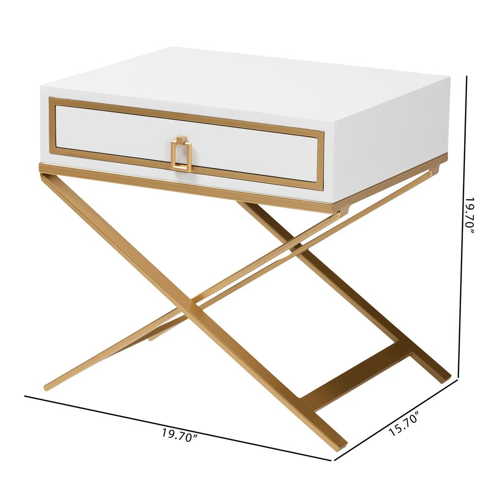 Glam and Luxe White Finished Wood and Gold Metal 1-Drawer End Table. Picture 20