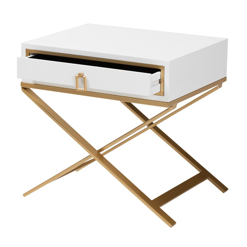 Glam and Luxe White Finished Wood and Gold Metal 1-Drawer End Table. Picture 12