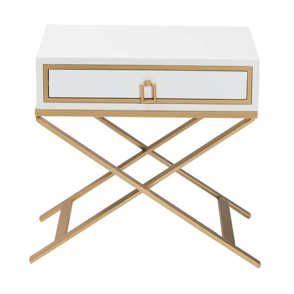 Glam and Luxe White Finished Wood and Gold Metal 1-Drawer End Table. Picture 13