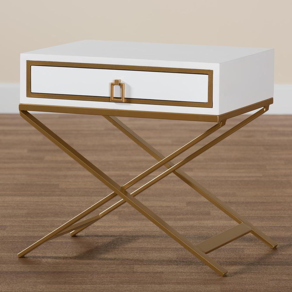 Glam and Luxe White Finished Wood and Gold Metal 1-Drawer End Table. Picture 19