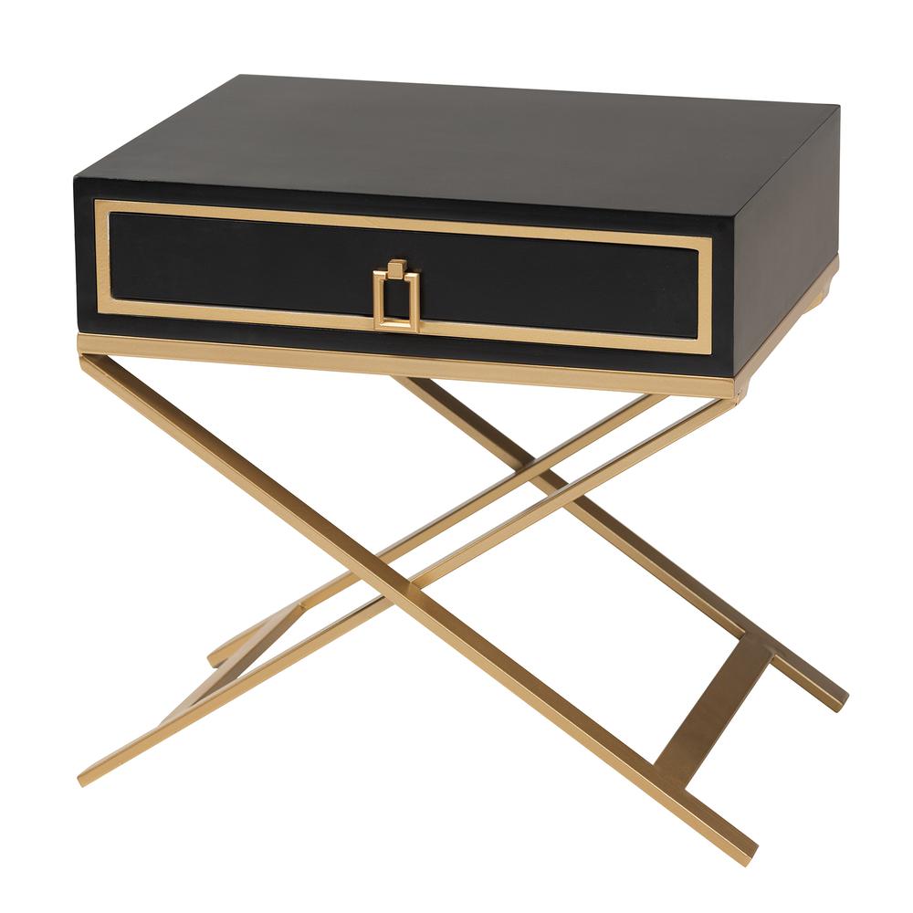 Glam and Luxe Black Finished Wood and Gold Metal 1-Drawer End Table. Picture 11