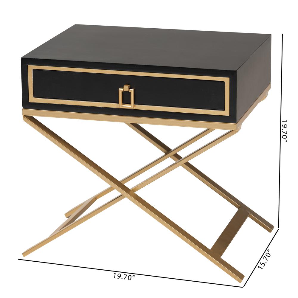 Glam and Luxe Black Finished Wood and Gold Metal 1-Drawer End Table. Picture 20
