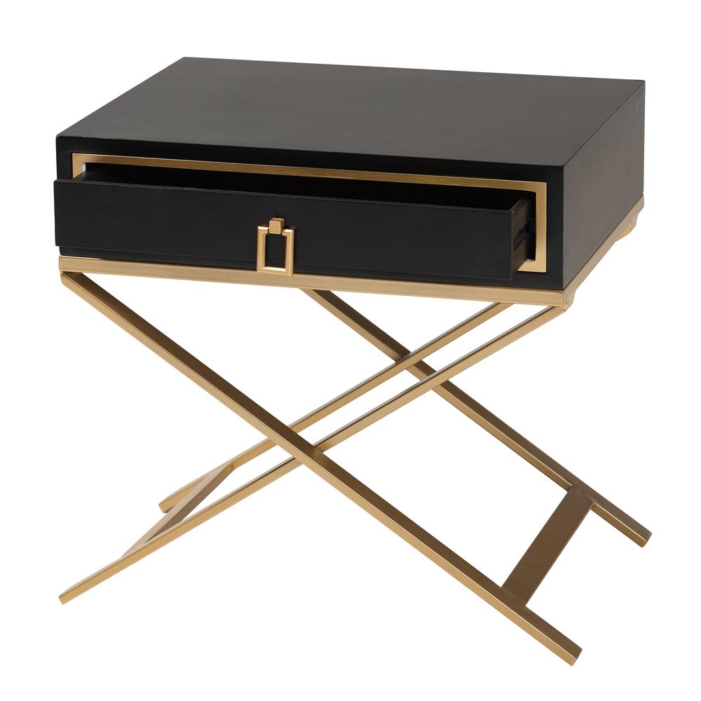 Glam and Luxe Black Finished Wood and Gold Metal 1-Drawer End Table. Picture 12