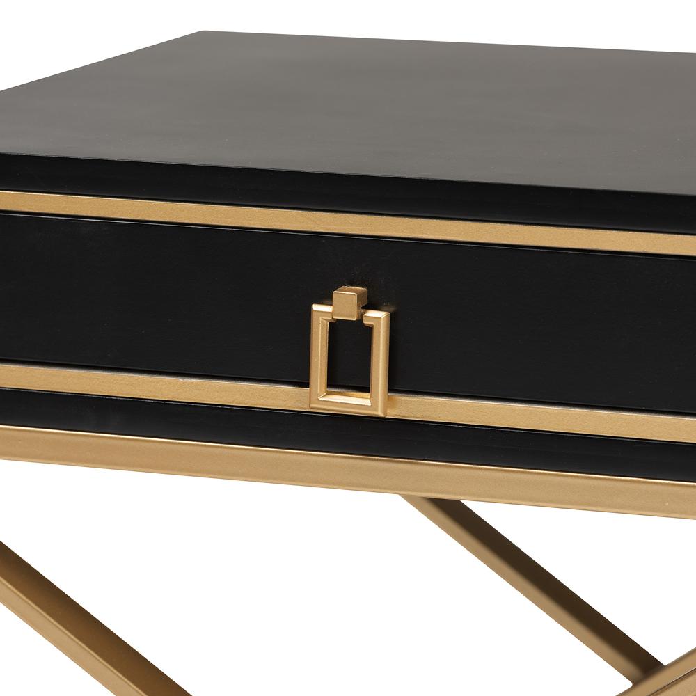 Glam and Luxe Black Finished Wood and Gold Metal 1-Drawer End Table. Picture 15