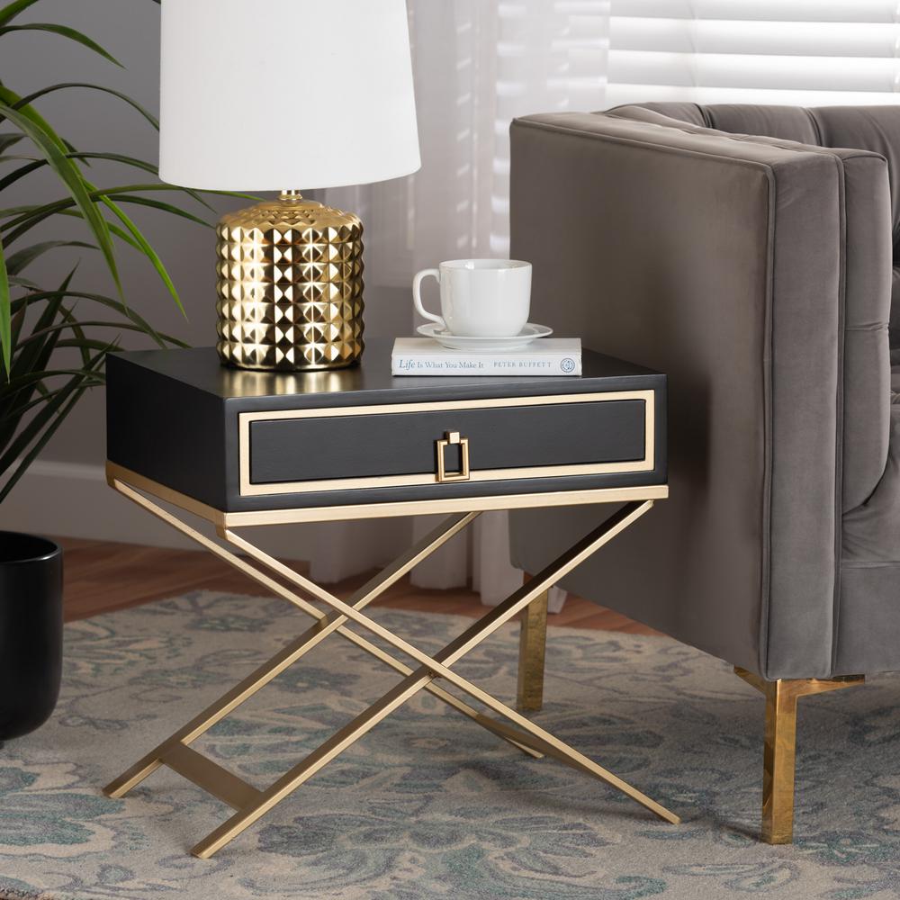 Glam and Luxe Black Finished Wood and Gold Metal 1-Drawer End Table. Picture 18