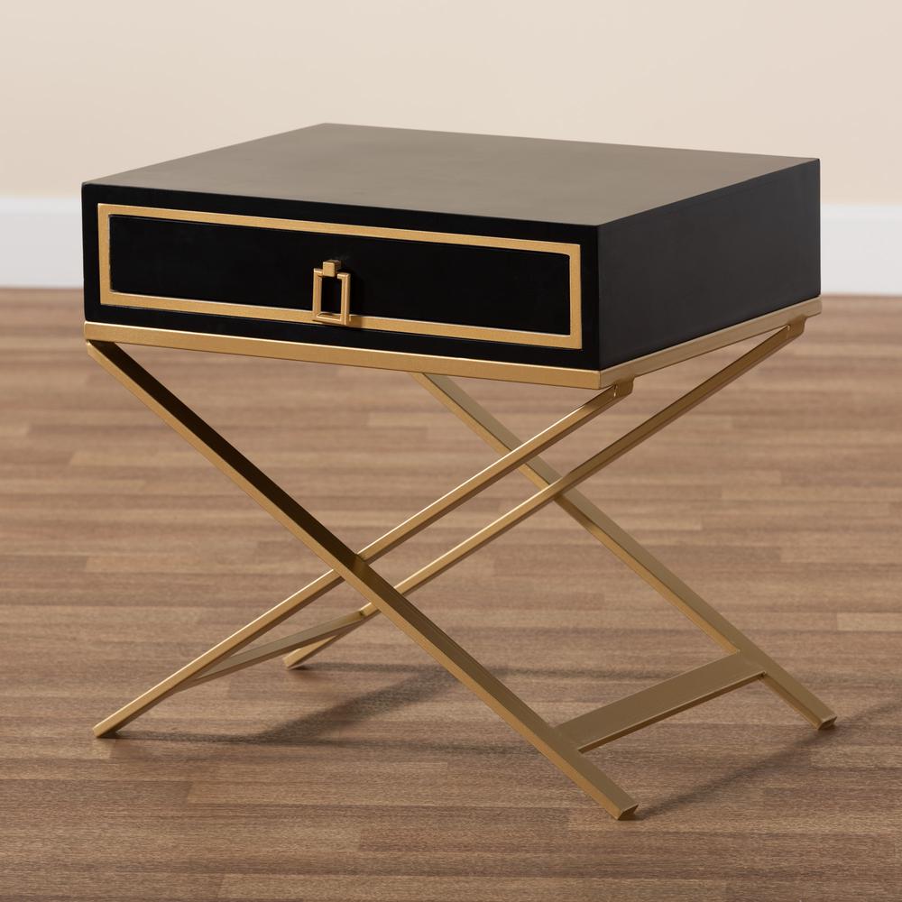 Glam and Luxe Black Finished Wood and Gold Metal 1-Drawer End Table. Picture 19