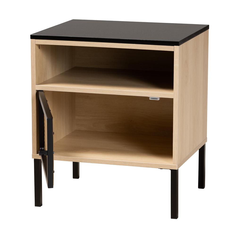 Two-Tone Black and Gold Metal and Light Brown Finished Wood 1-Door End Table. Picture 11