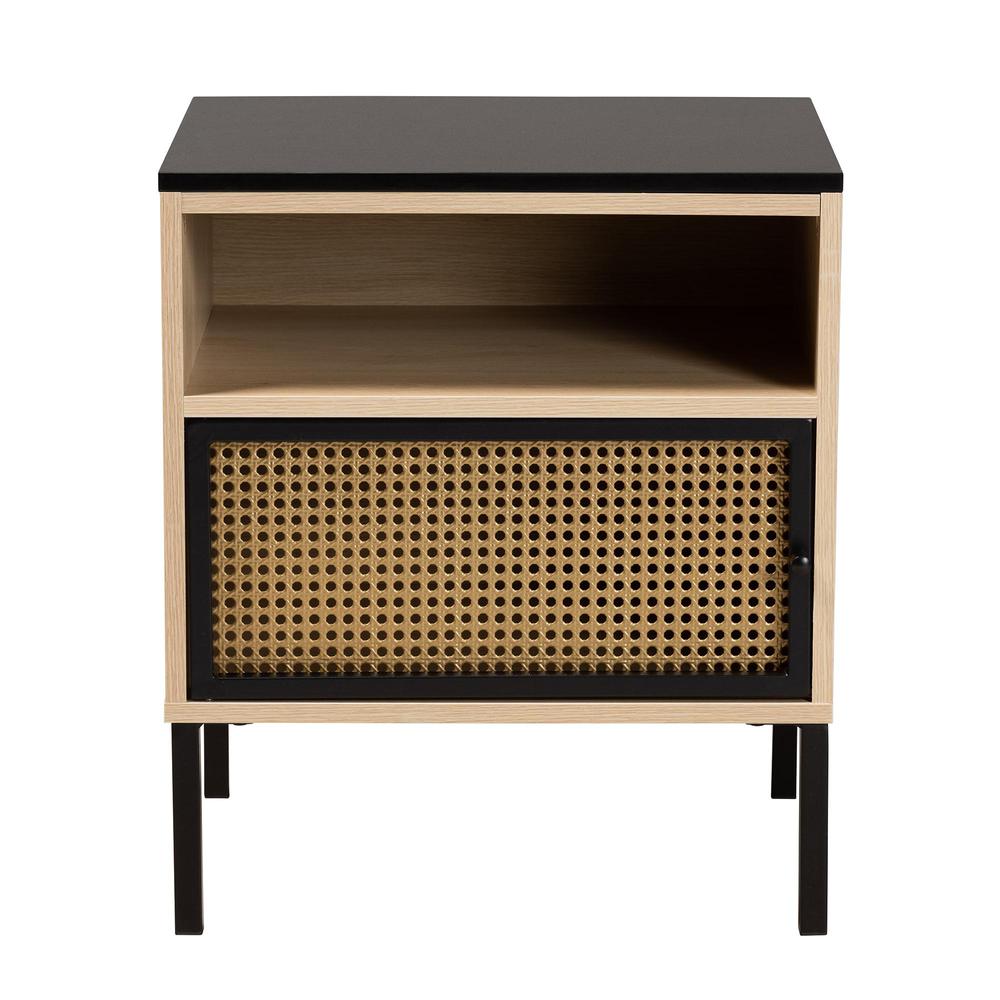 Two-Tone Black and Gold Metal and Light Brown Finished Wood 1-Door End Table. Picture 12