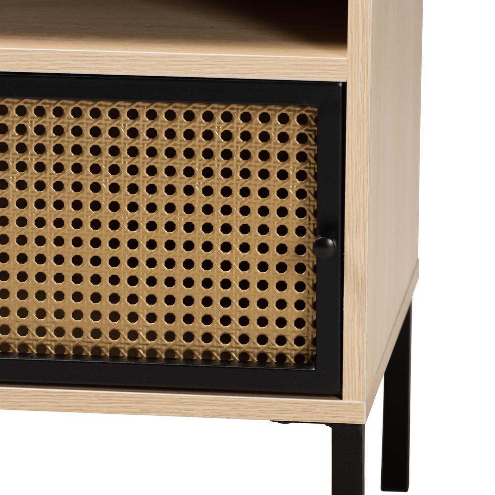 Two-Tone Black and Gold Metal and Light Brown Finished Wood 1-Door End Table. Picture 14