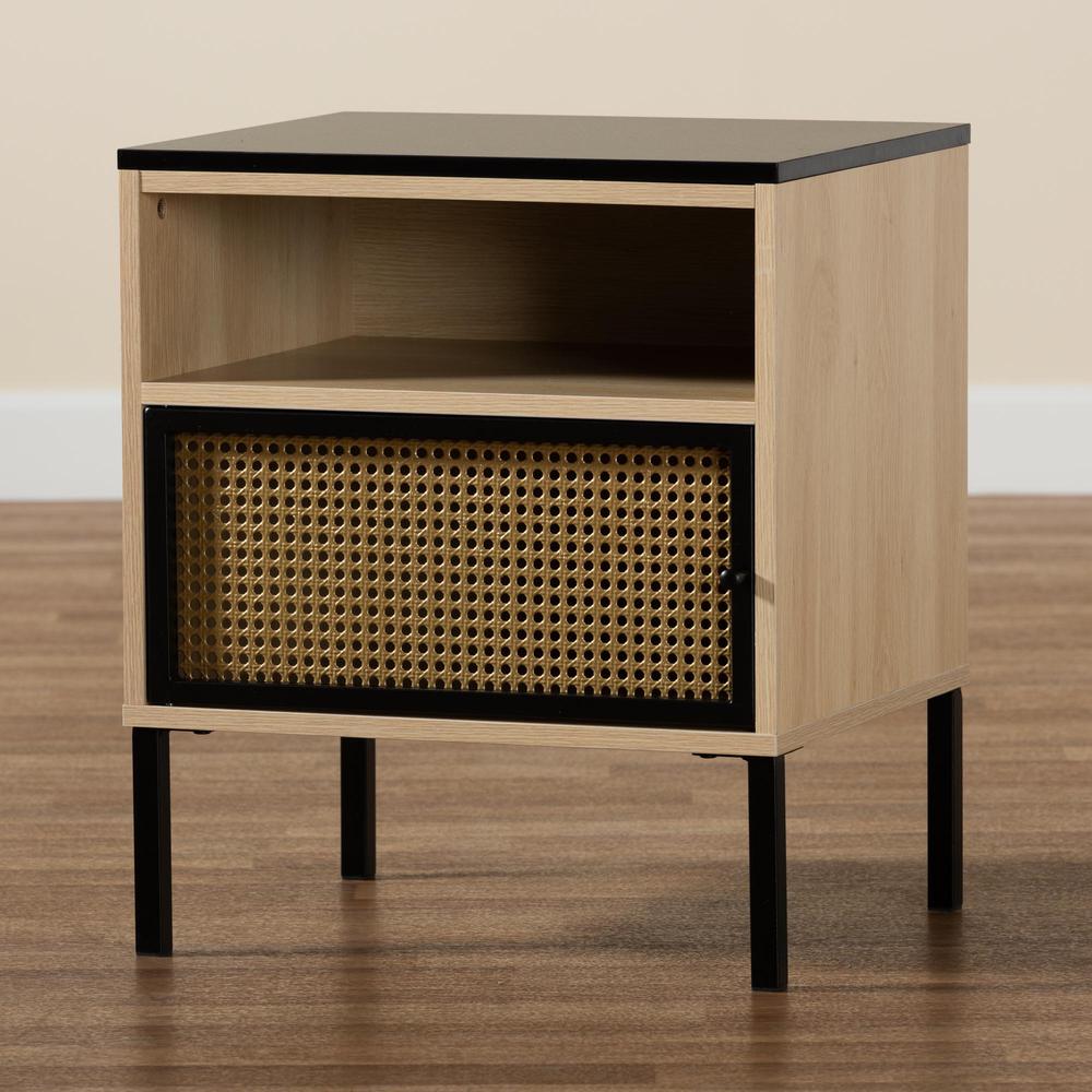 Two-Tone Black and Gold Metal and Light Brown Finished Wood 1-Door End Table. Picture 18