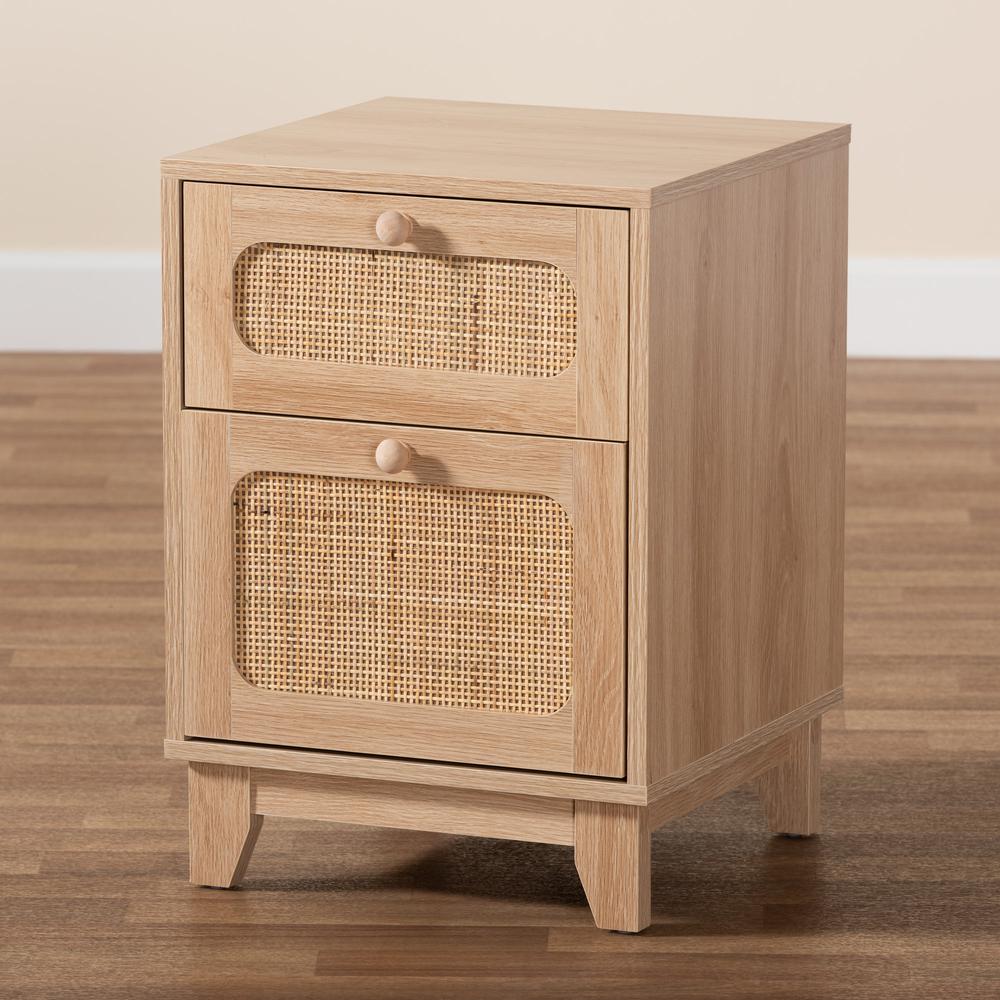 Light Brown Finished Wood and Natural Rattan 1-Drawer End Table. Picture 19