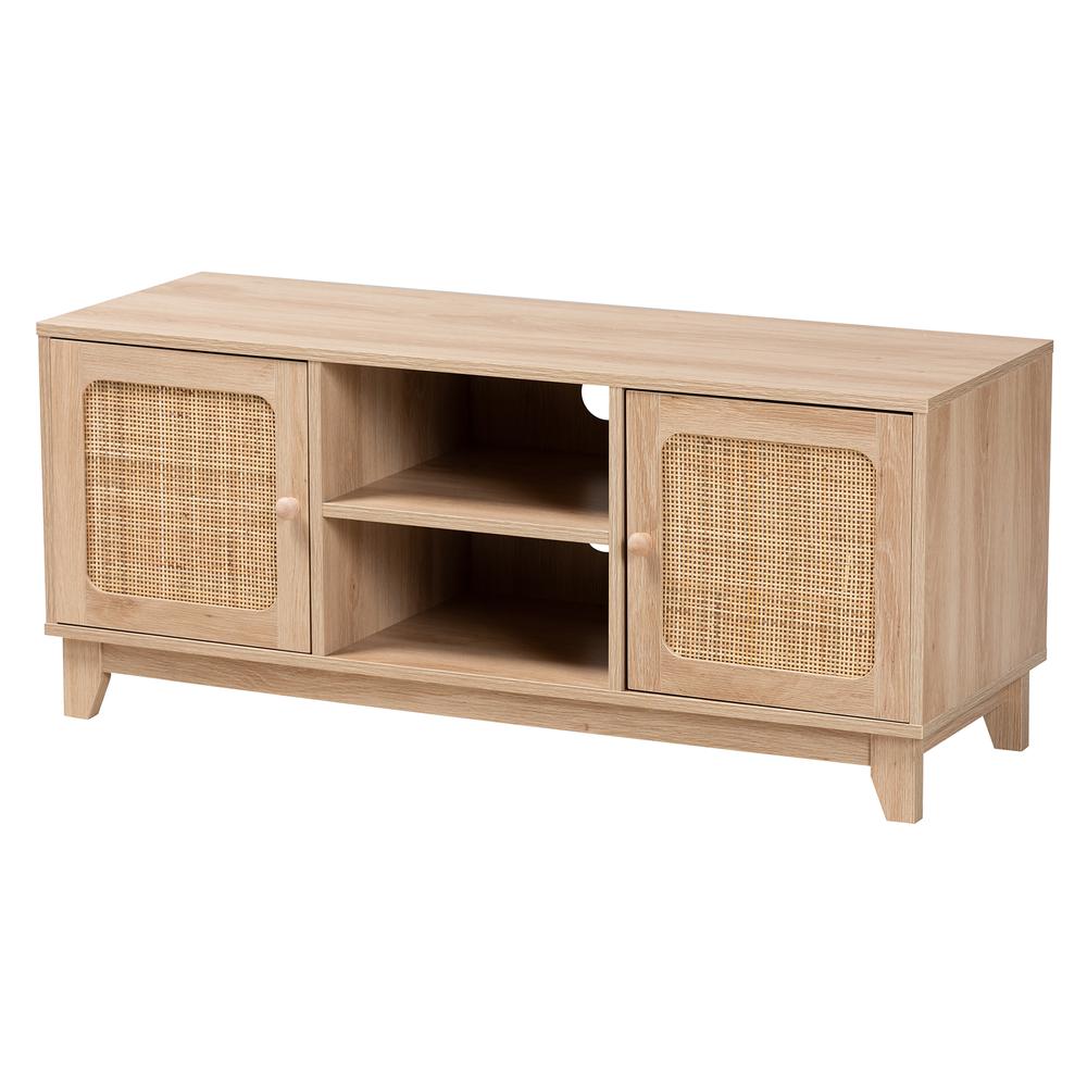 Light Brown Finished Wood and Natural Rattan 2-Door TV Stand. Picture 11