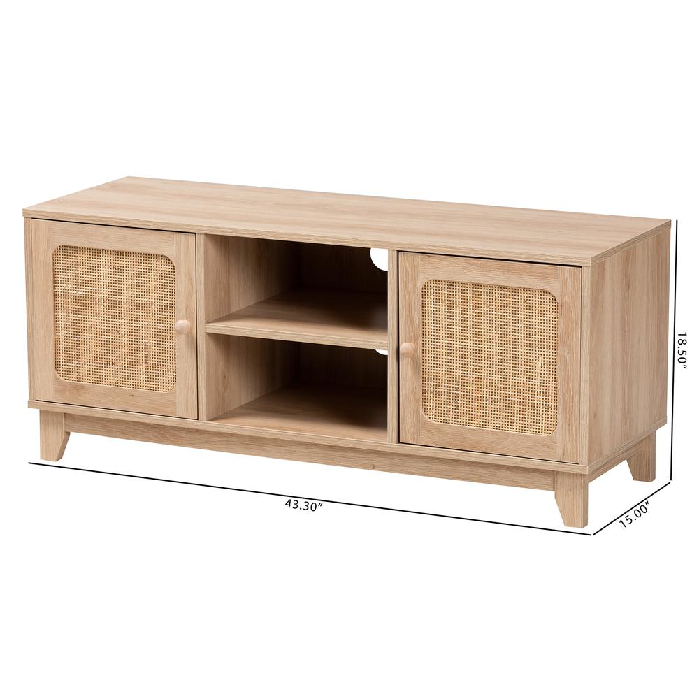 Light Brown Finished Wood and Natural Rattan 2-Door TV Stand. Picture 20