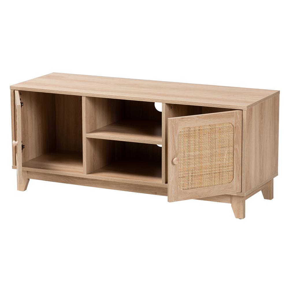 Light Brown Finished Wood and Natural Rattan 2-Door TV Stand. Picture 12