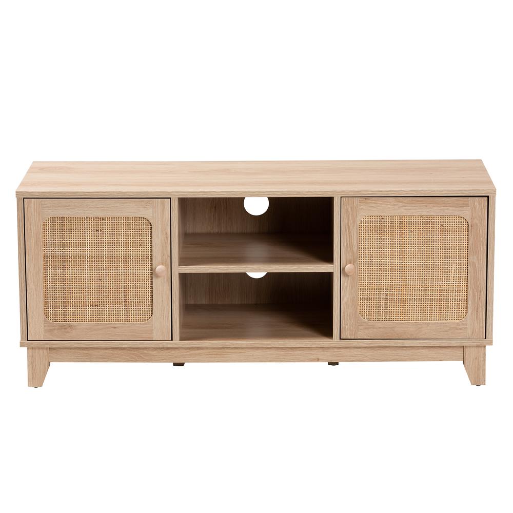Light Brown Finished Wood and Natural Rattan 2-Door TV Stand. Picture 13