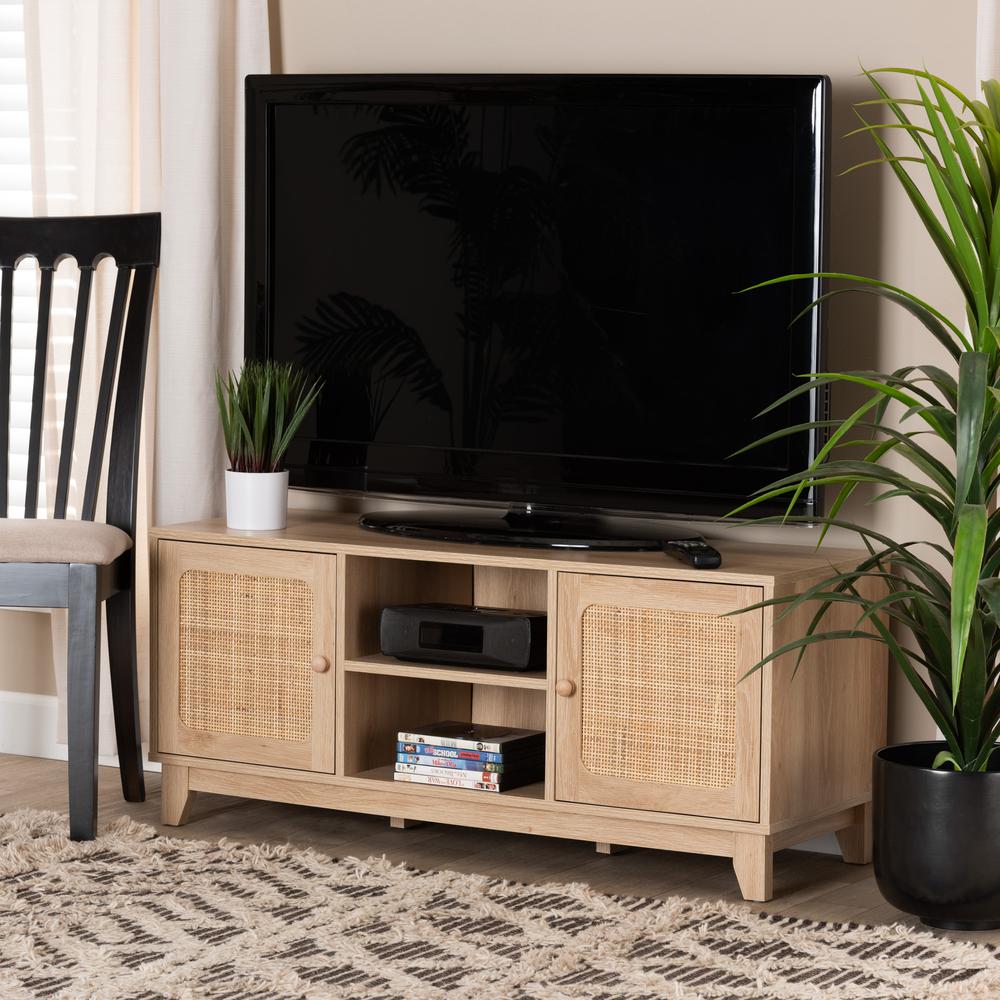 Light Brown Finished Wood and Natural Rattan 2-Door TV Stand. Picture 18