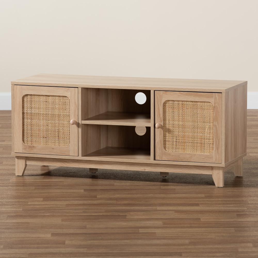 Light Brown Finished Wood and Natural Rattan 2-Door TV Stand. Picture 19