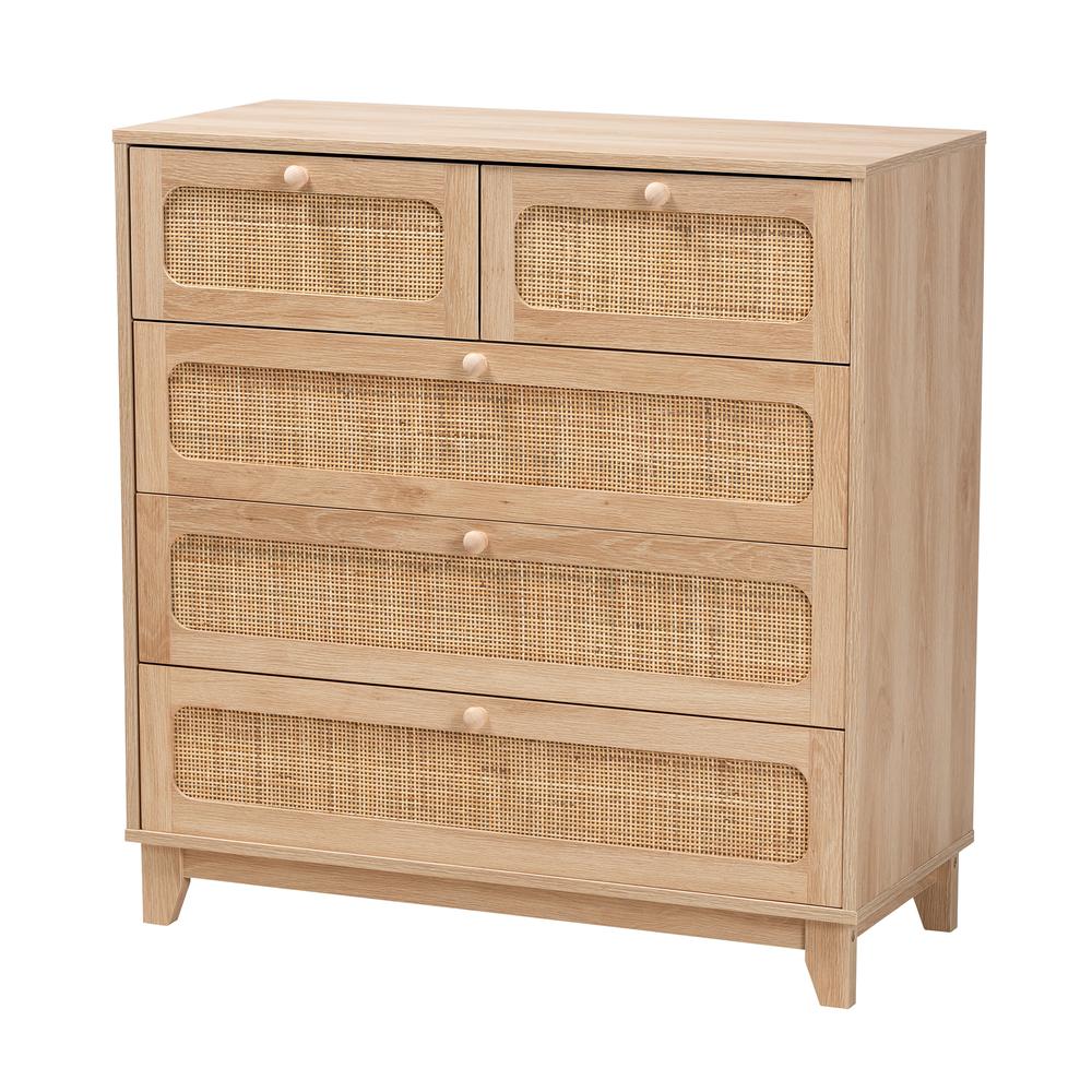 Oak Brown Finished Wood and Natural Rattan 5-Drawer Storage Cabinet. Picture 11