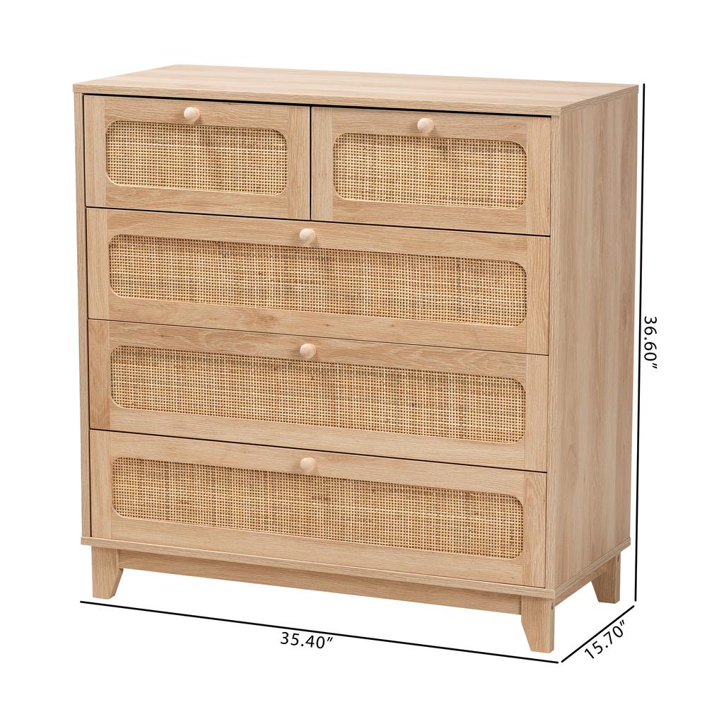 Oak Brown Finished Wood and Natural Rattan 5-Drawer Storage Cabinet. Picture 20