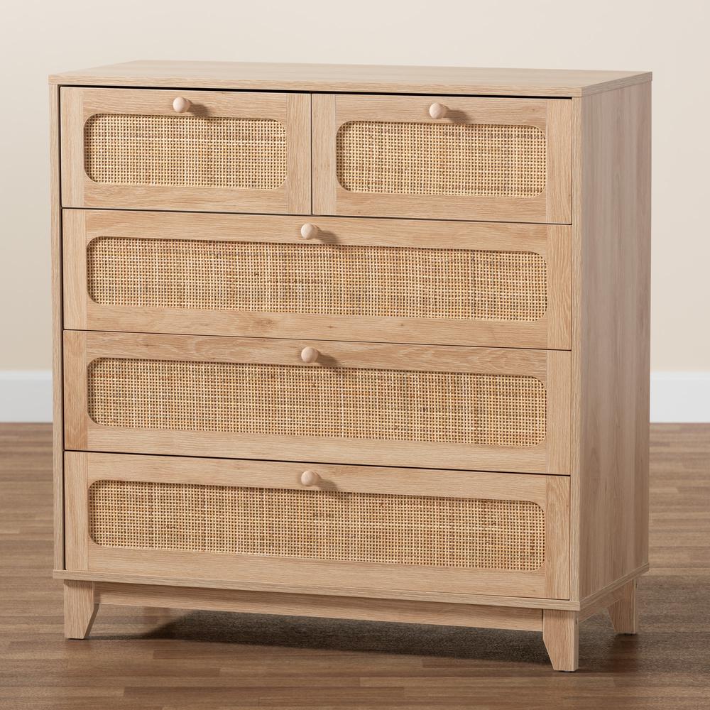 Oak Brown Finished Wood and Natural Rattan 5-Drawer Storage Cabinet. Picture 19