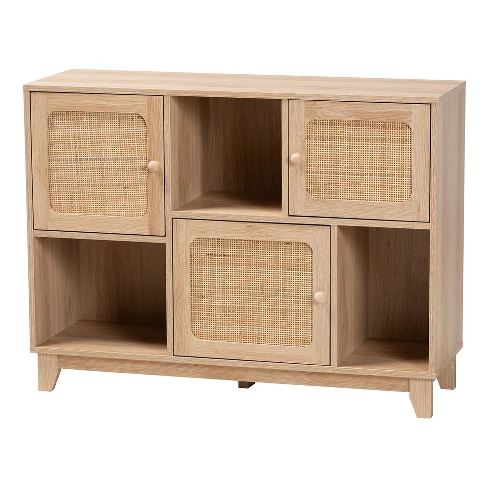 Light Brown Finished Wood and Natural Rattan 3-Door Sideboard. Picture 11