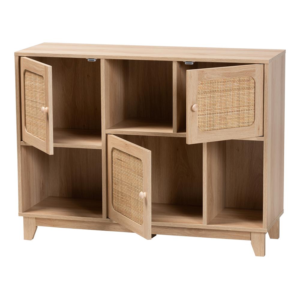 Light Brown Finished Wood and Natural Rattan 3-Door Sideboard. Picture 12