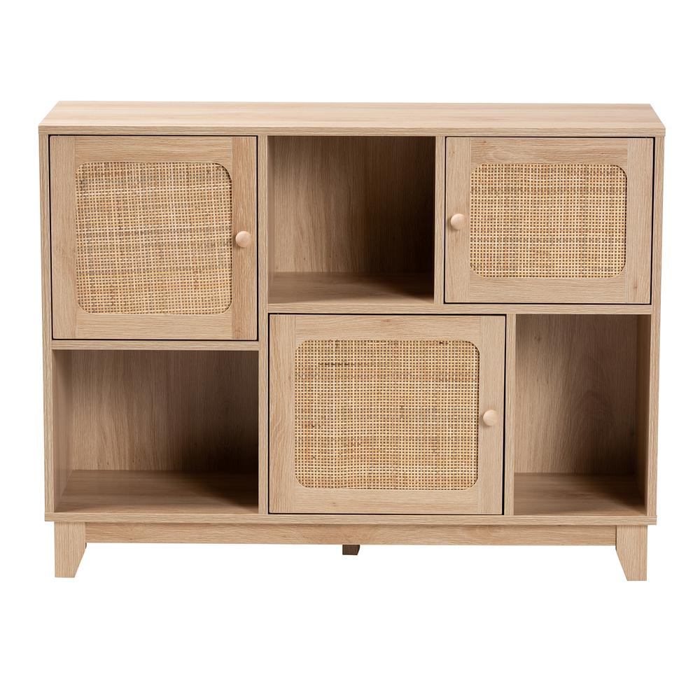 Light Brown Finished Wood and Natural Rattan 3-Door Sideboard. Picture 13