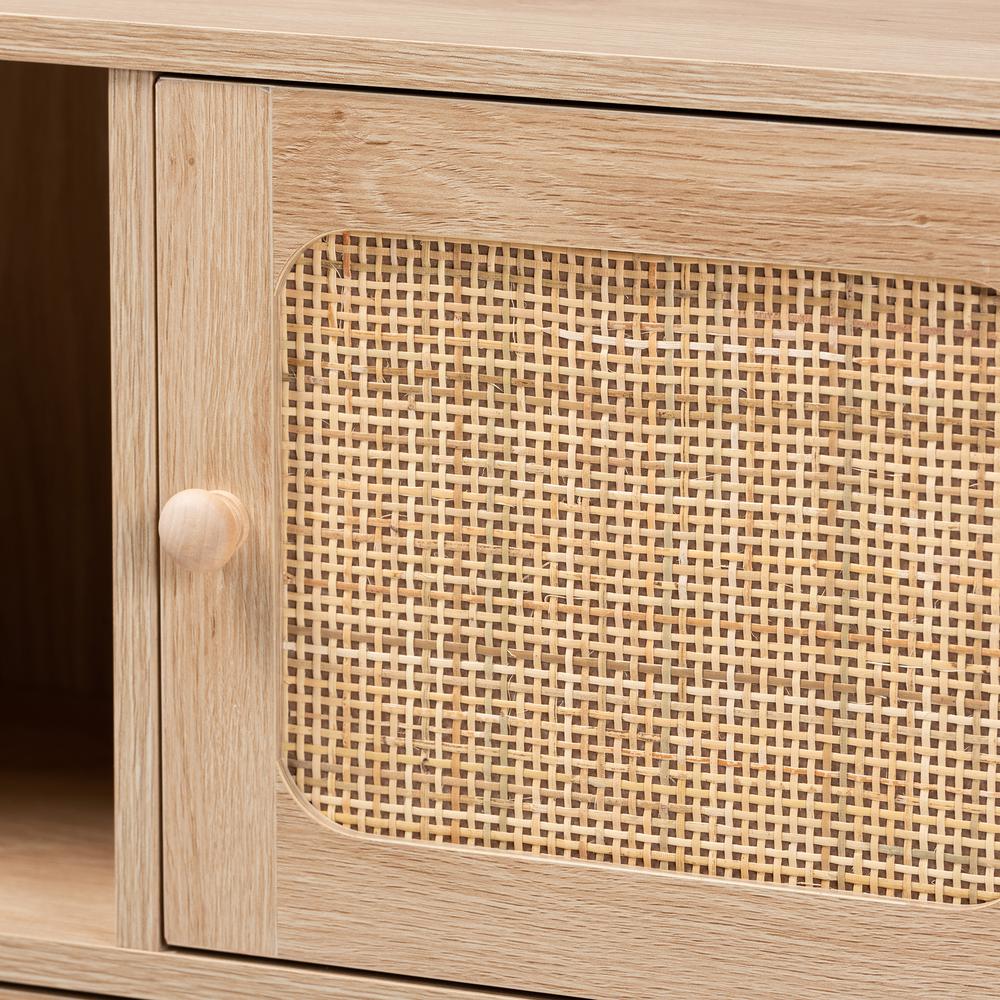 Light Brown Finished Wood and Natural Rattan 3-Door Sideboard. Picture 15
