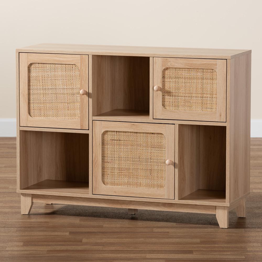 Light Brown Finished Wood and Natural Rattan 3-Door Sideboard. Picture 19