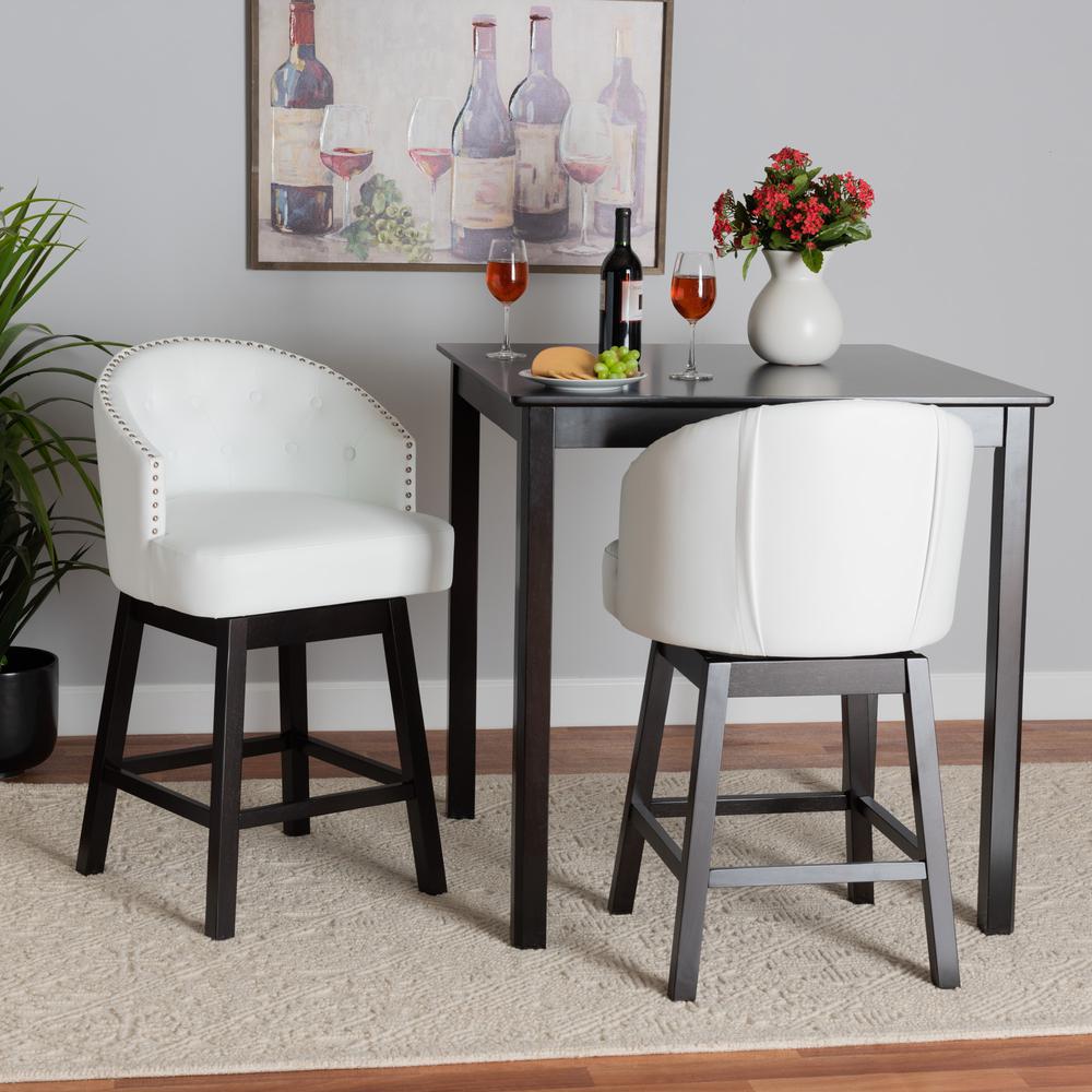 Baxton Studio Theron Mid-Century Transitional White Faux Leather and Espresso Brown Finished Wood 2-Piece Swivel Counter Stool Set. Picture 8