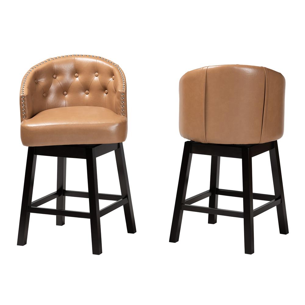 Leather and Espresso Brown Finished Wood 2-Piece Swivel Counter Stool Set. Picture 11