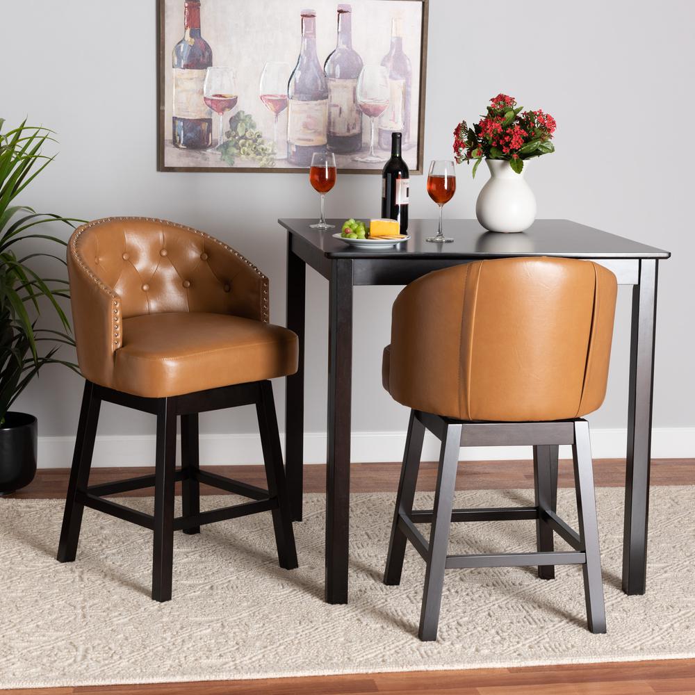 Leather and Espresso Brown Finished Wood 2-Piece Swivel Counter Stool Set. Picture 16