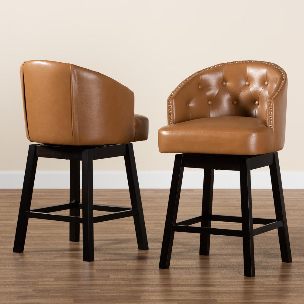 Leather and Espresso Brown Finished Wood 2-Piece Swivel Counter Stool Set. Picture 17