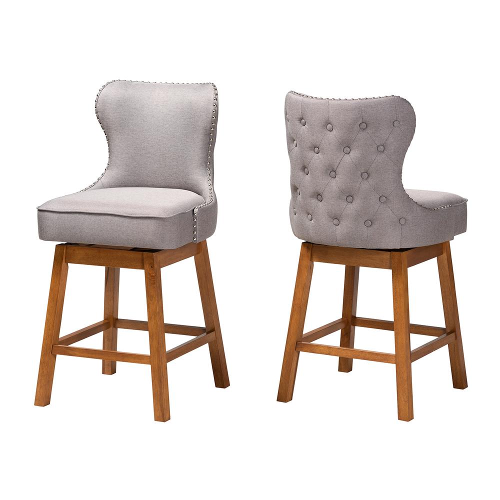 Grey Fabric and Walnut Brown Finished Wood 2-Piece Swivel Counter Stool Set. Picture 11