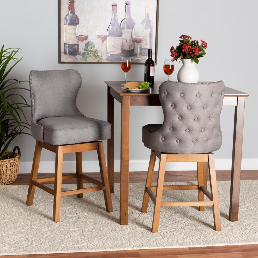 Grey Fabric and Walnut Brown Finished Wood 2-Piece Swivel Counter Stool Set. Picture 18