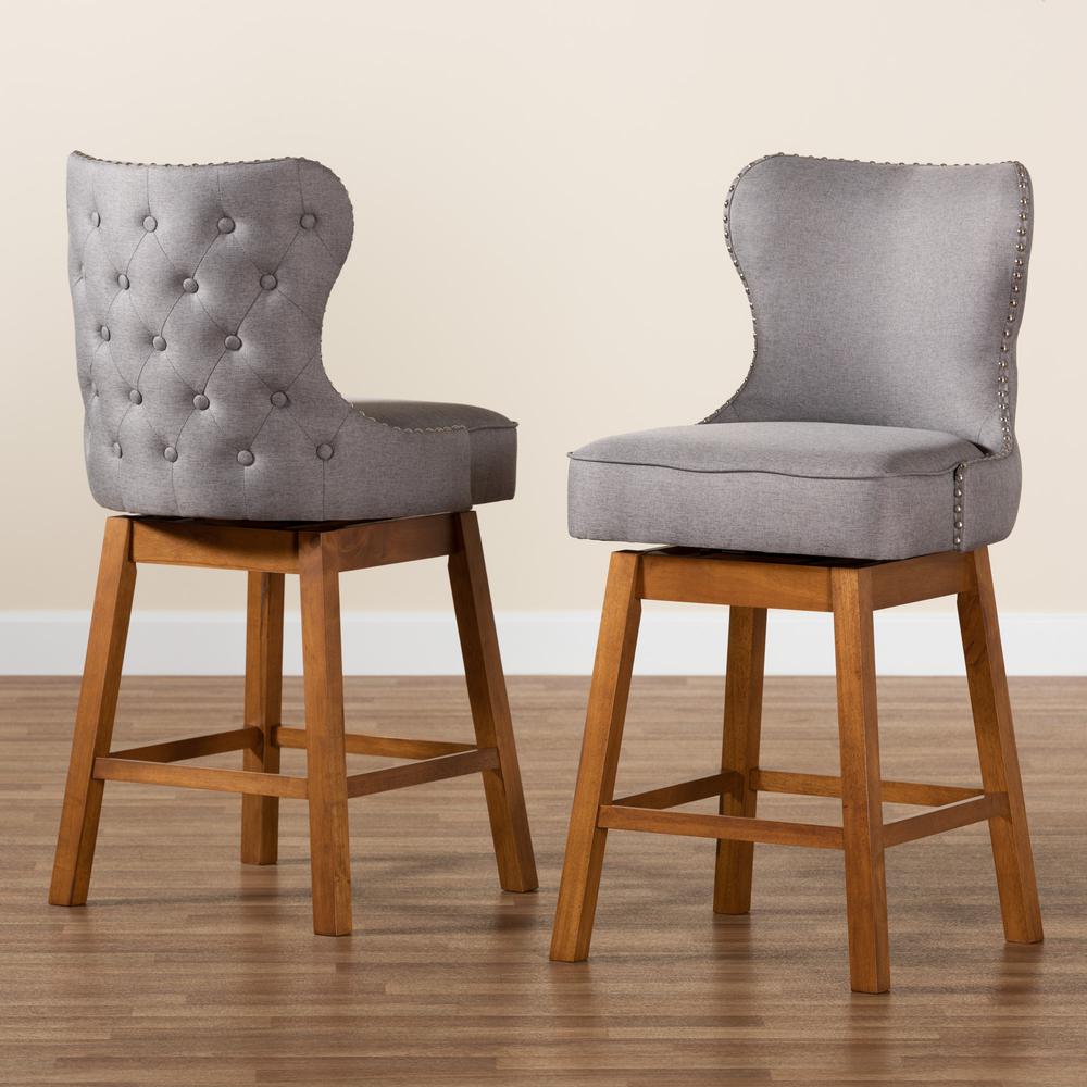Grey Fabric and Walnut Brown Finished Wood 2-Piece Swivel Counter Stool Set. Picture 19
