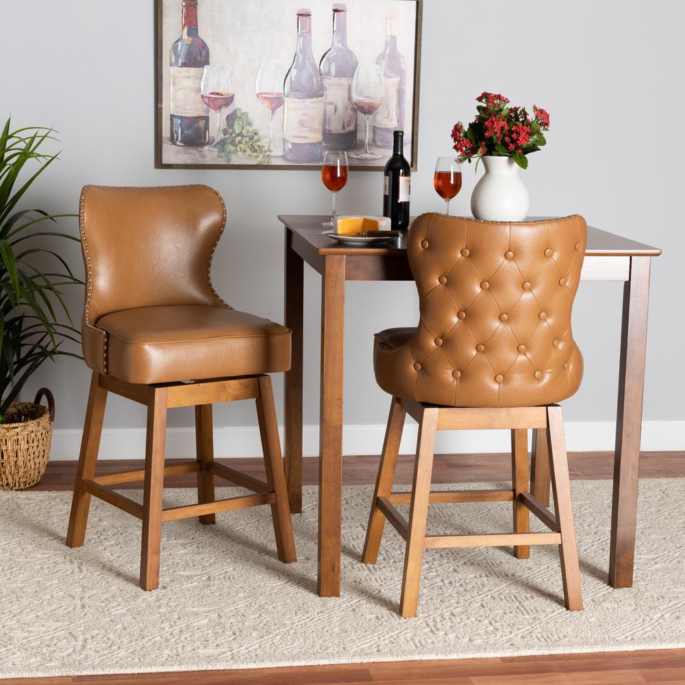 Leather and Walnut Brown Finished Wood 2-Piece Swivel Counter Stool Set. Picture 18
