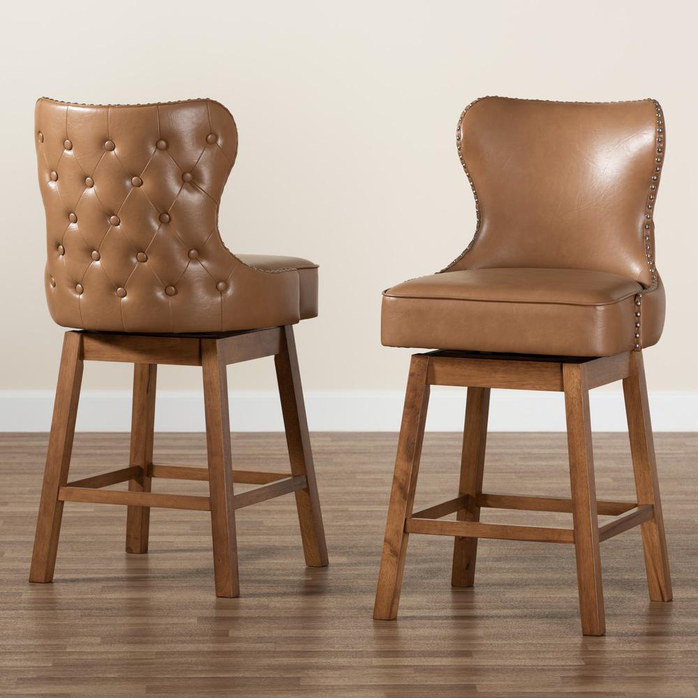 Leather and Walnut Brown Finished Wood 2-Piece Swivel Counter Stool Set. Picture 19