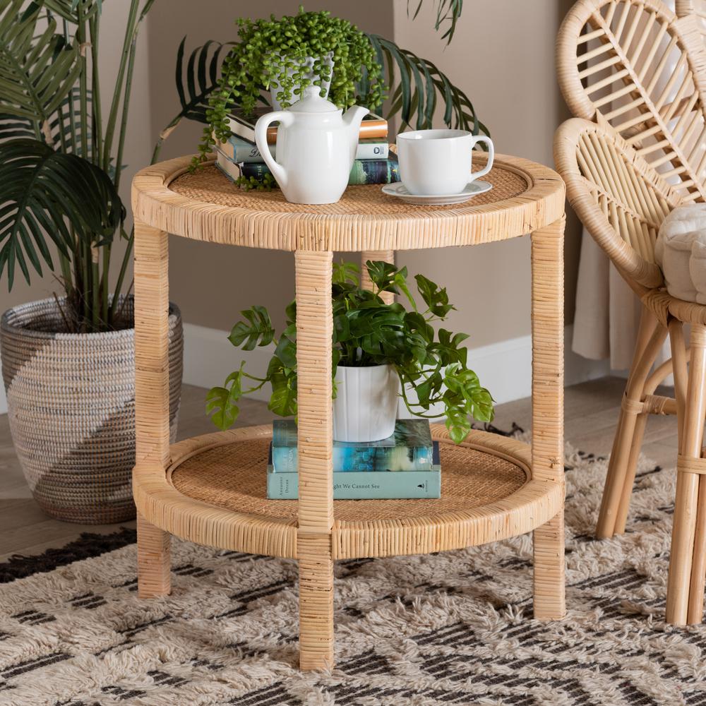 Bohemian Natural Brown Mahogany Wood and Natural Rattan 2-Tier End Table. Picture 14