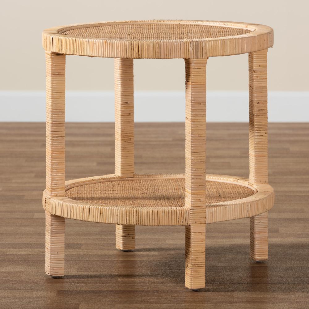 Bohemian Natural Brown Mahogany Wood and Natural Rattan 2-Tier End Table. Picture 15