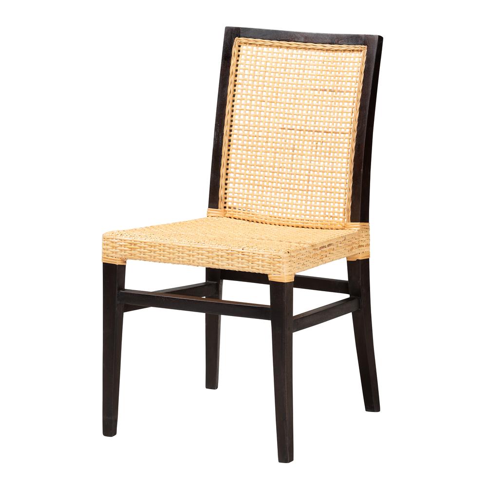 Bohemian Dark Brown Mahogany Wood and Natural Rattan Dining Chair. Picture 11