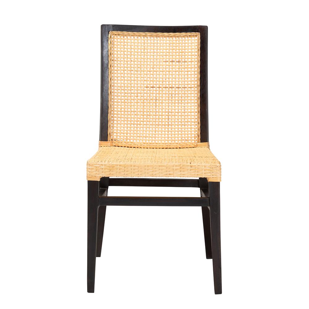Bohemian Dark Brown Mahogany Wood and Natural Rattan Dining Chair. Picture 12