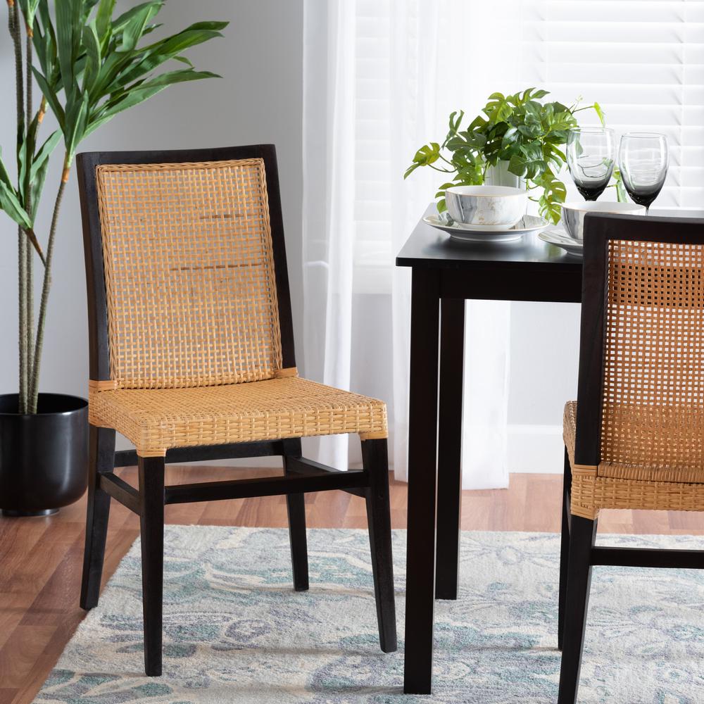 Bohemian Dark Brown Mahogany Wood and Natural Rattan Dining Chair. Picture 18