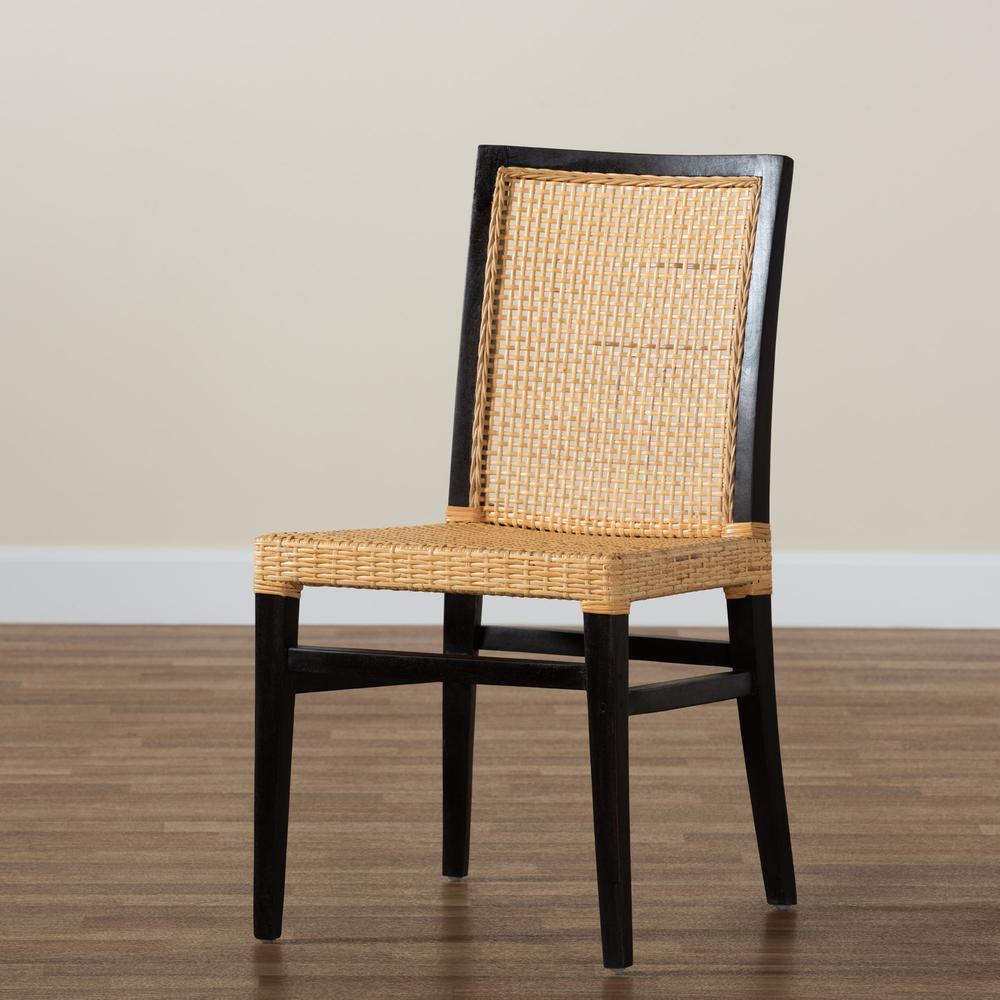 Bohemian Dark Brown Mahogany Wood and Natural Rattan Dining Chair. Picture 19