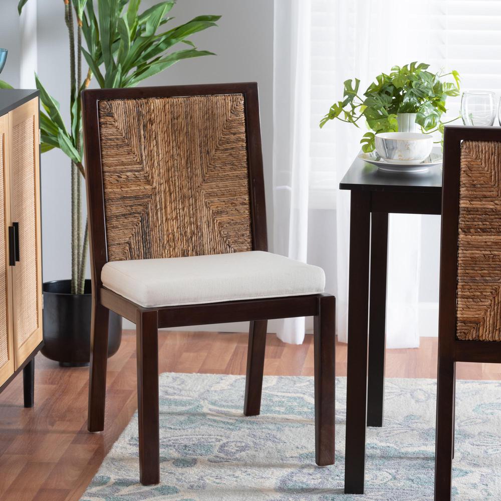 Bohemian Dark Brown Mahogany Wood and Natural Seagrass Dining Side Chair. Picture 18