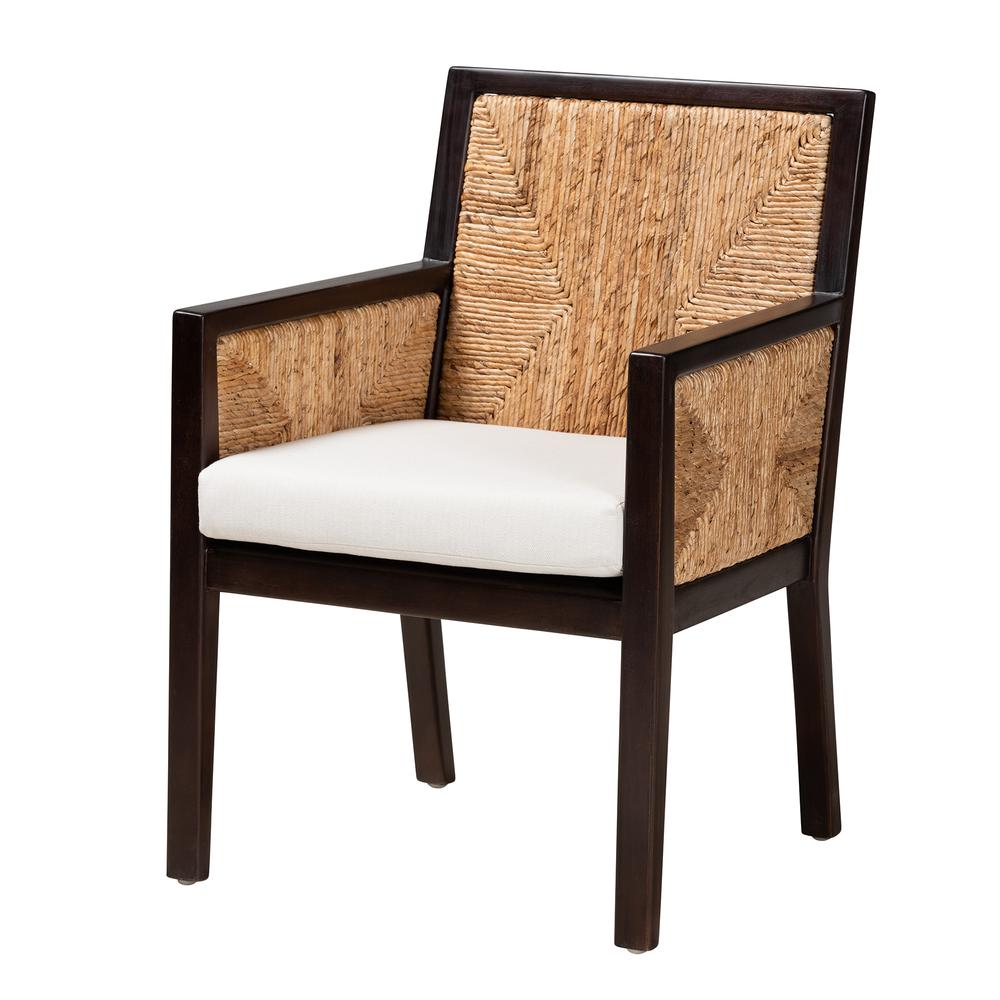 Bohemian Dark Brown Mahogany Wood and Natural Seagrass Dining Arm Chair. Picture 11