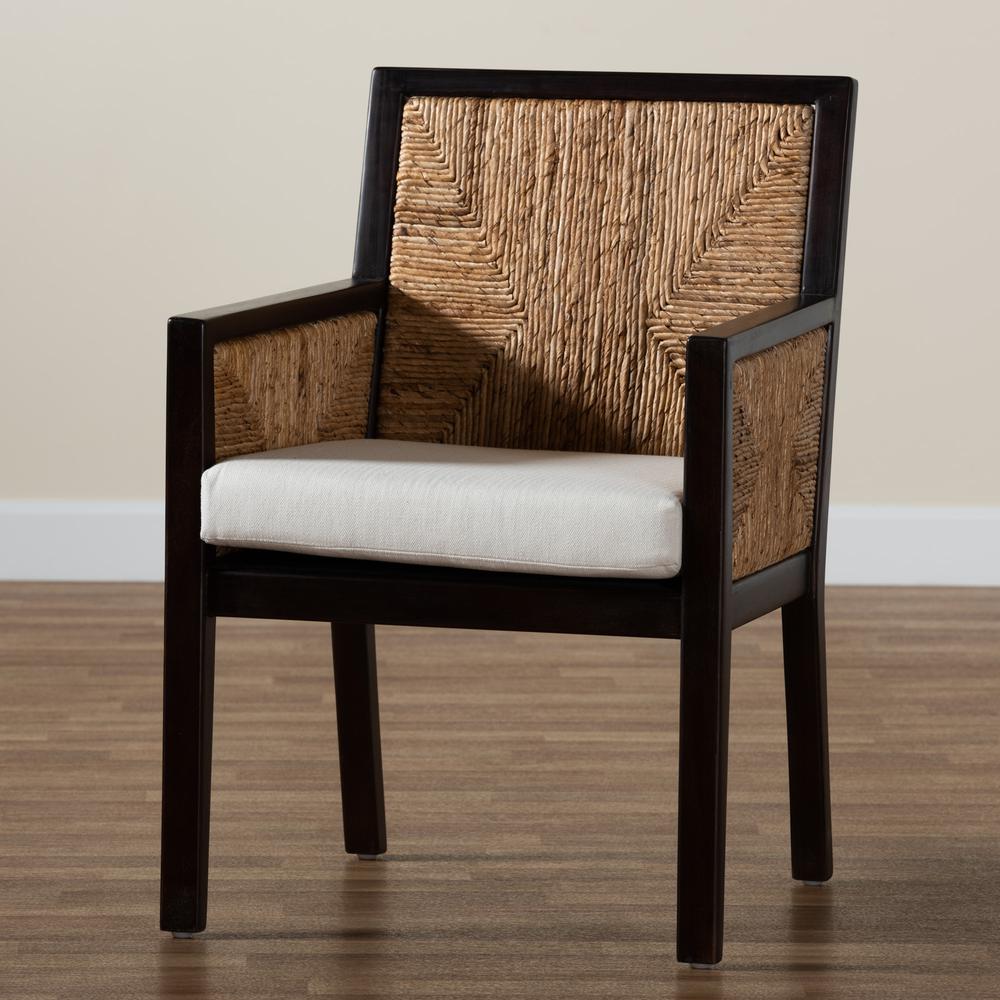 Bohemian Dark Brown Mahogany Wood and Natural Seagrass Dining Arm Chair. Picture 19