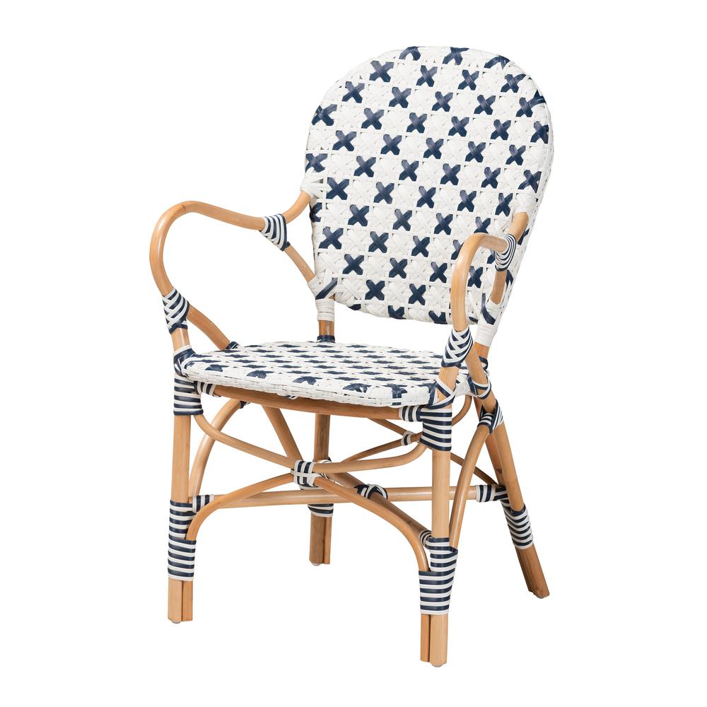 French Blue and White Weaving and Natural Rattan Bistro Chair. Picture 11