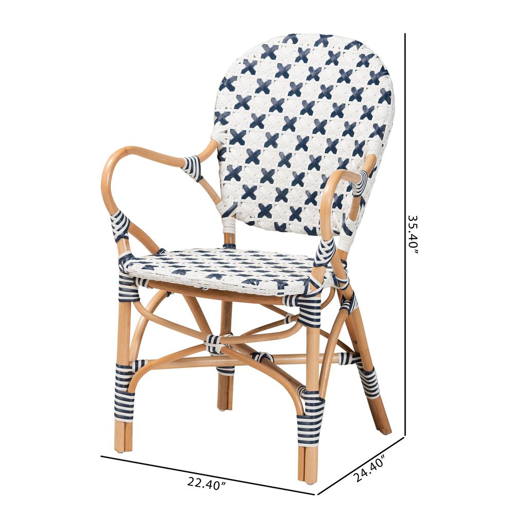 French Blue and White Weaving and Natural Rattan Bistro Chair. Picture 20